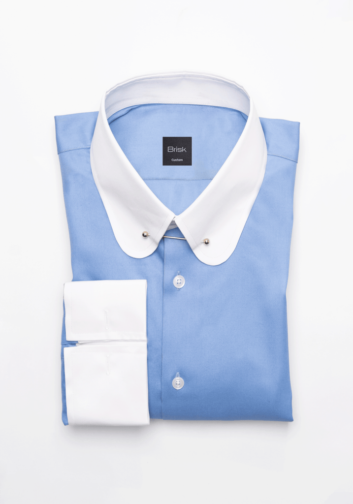 Mid Blue Twill Pima Cotton Shirt - White Club Collar With Golden Pin Collar