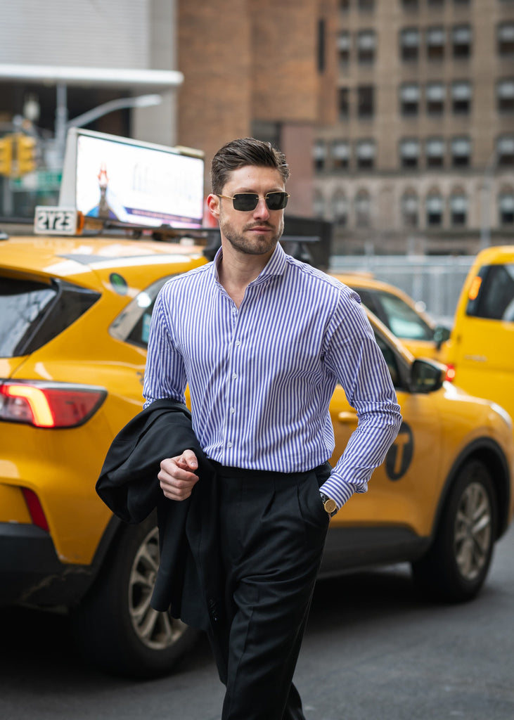 Navy Bengal Twill Stripes Pima Cotton Shirt - Cutaway Extreme Collar