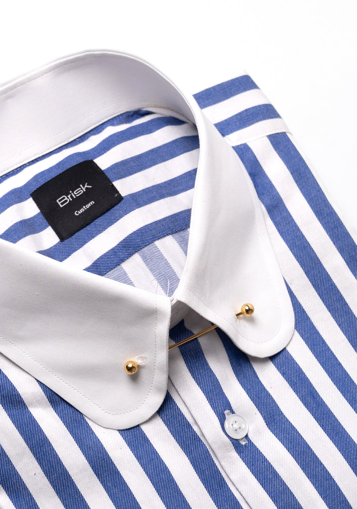 Navy Blue Bold Twill Stripes Pima Cotton Shirt - White Club Golden Pin Collar & French Cuffs