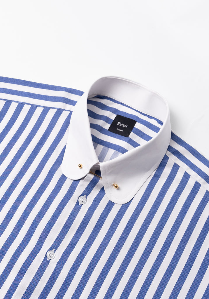 Navy Blue Bold Twill Stripes Pima Cotton Shirt - White Club Golden Pin Collar & French Cuffs