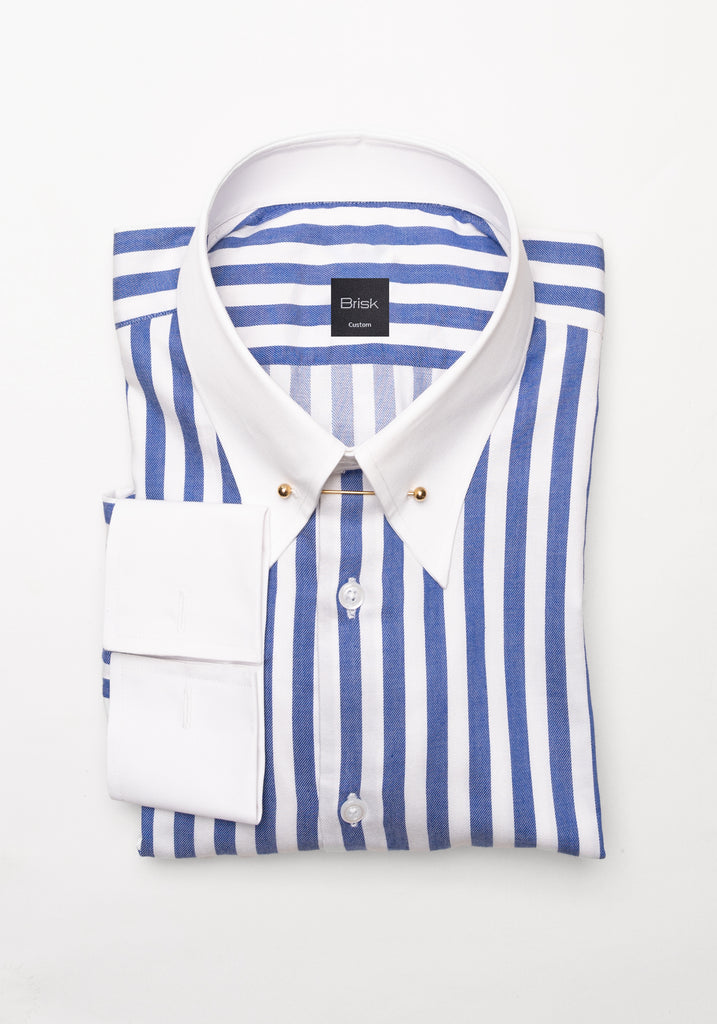 Navy Blue Bold Twill Stripes Pima Cotton Shirt - White Classic Golden Pin Collar & French Cuffs
