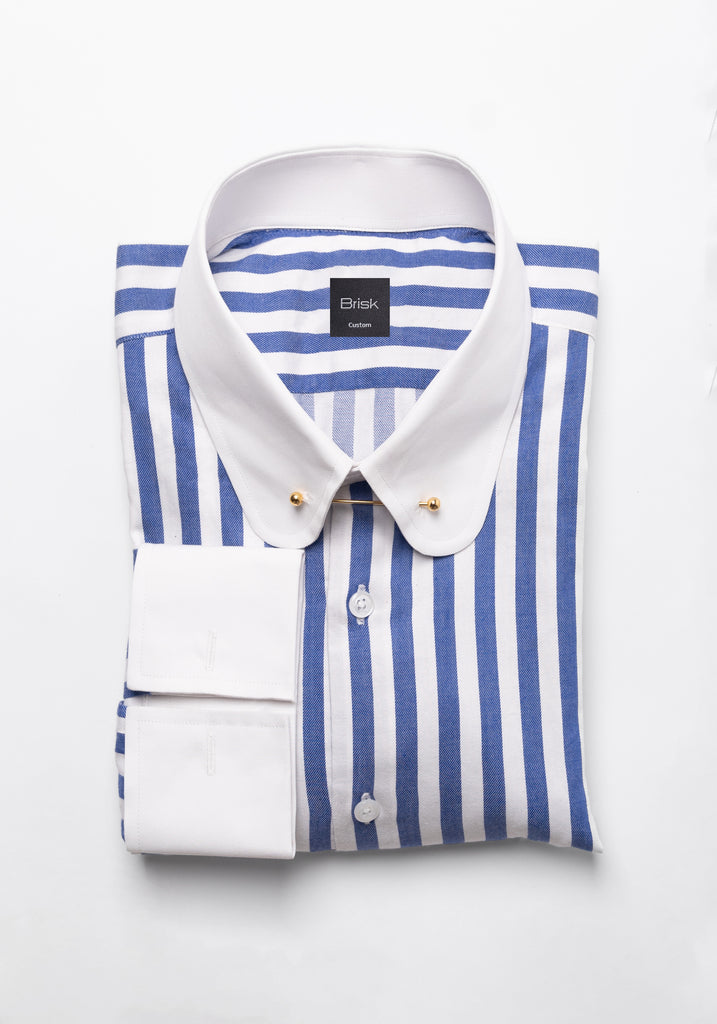 Navy Blue Bold Twill Stripes Pima Cotton Shirt - White Club Golden Pin Collar & French Cuffs
