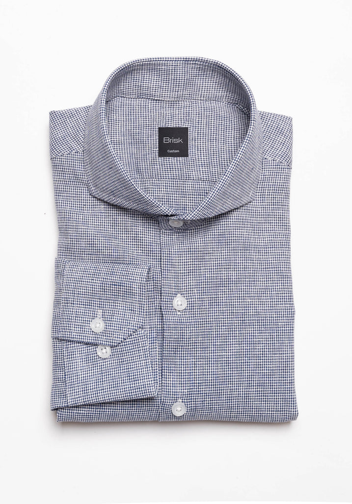 Navy Blue Houndstooth  Linen Shirt--1