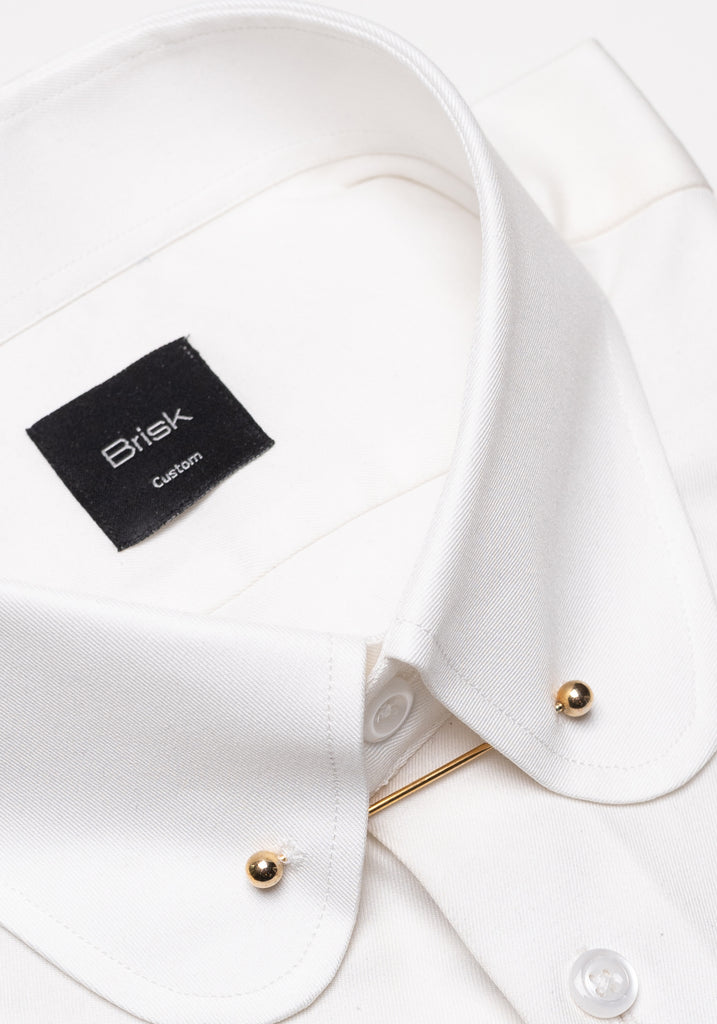 Pearl White Twill Pima Cotton Shirt - Club Collar With Golden Pin Collar