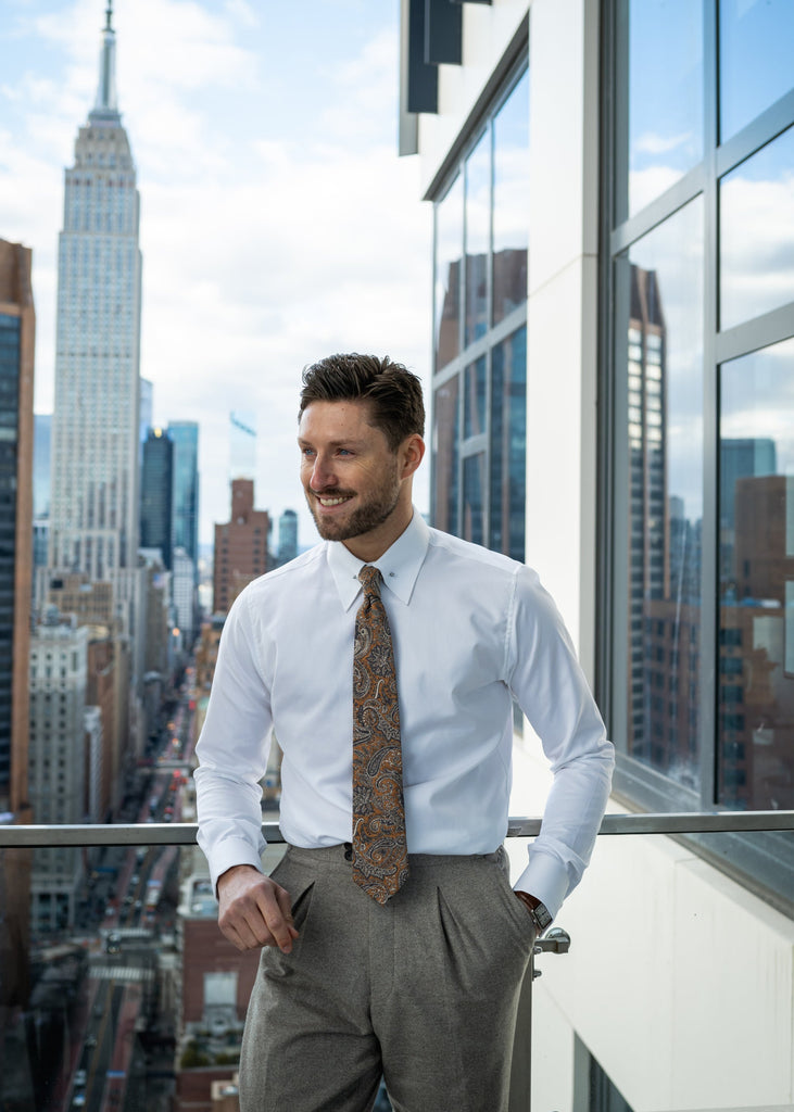 Pearl White Twill Pima Cotton Shirt - High Classic Golden Pin Collar