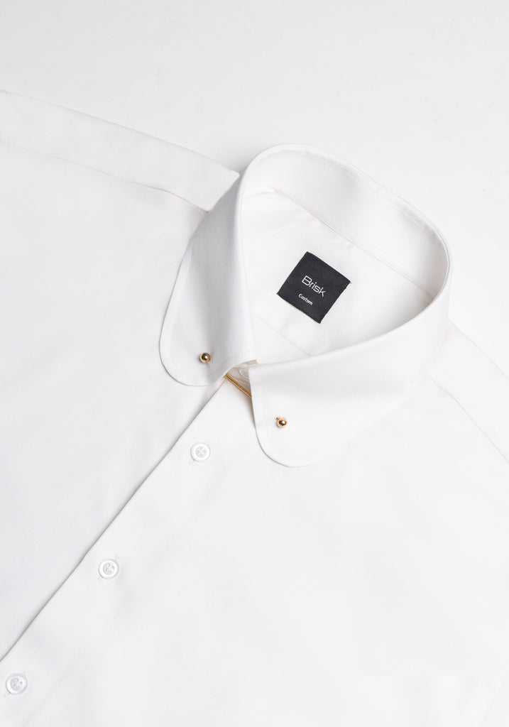 Pearl White Twill Pima Cotton Shirt - Club Collar With Golden Pin Collar