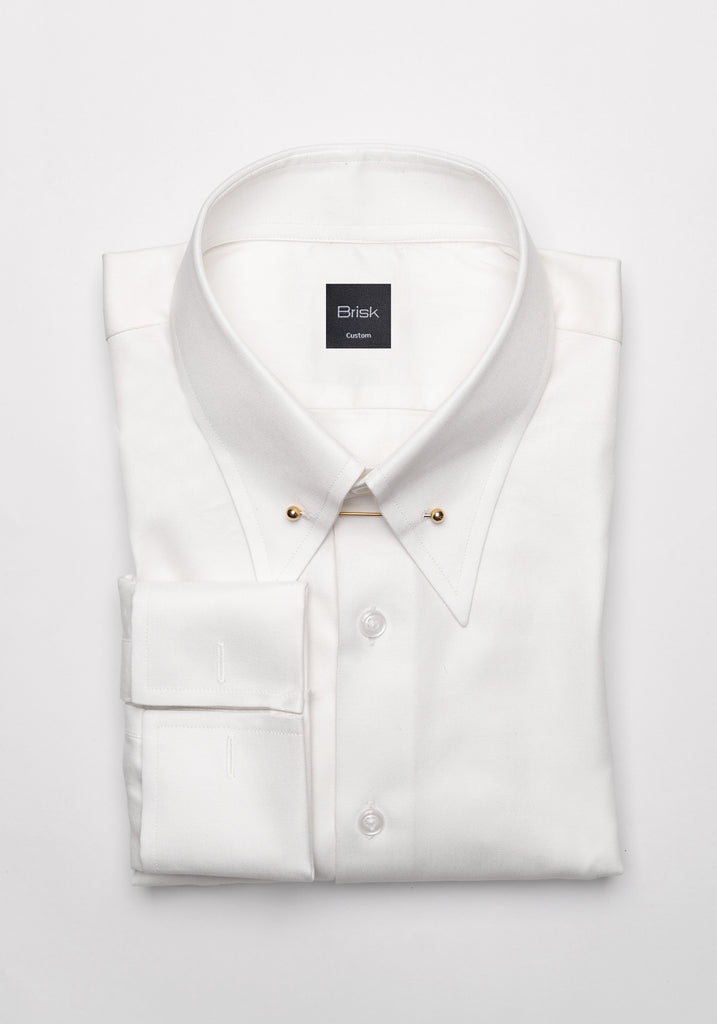 Pearl White Twill Pima Cotton Shirt - High Classic Golden Pin Collar