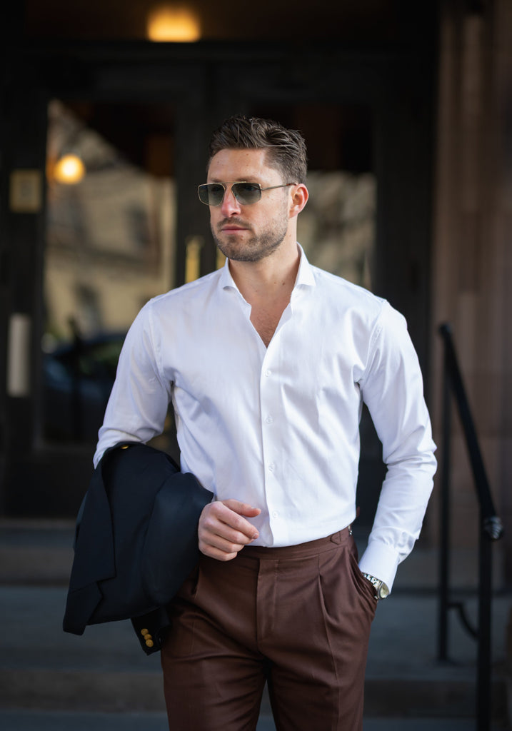 Pearl White Twill Pima Cotton Shirt - Cutaway Extreme Collar