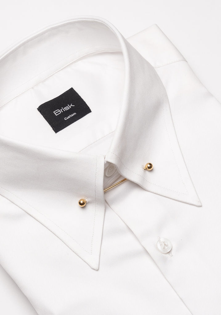 Pearl White Twill Pima Cotton Shirt - High Classic Golden Pin Collar