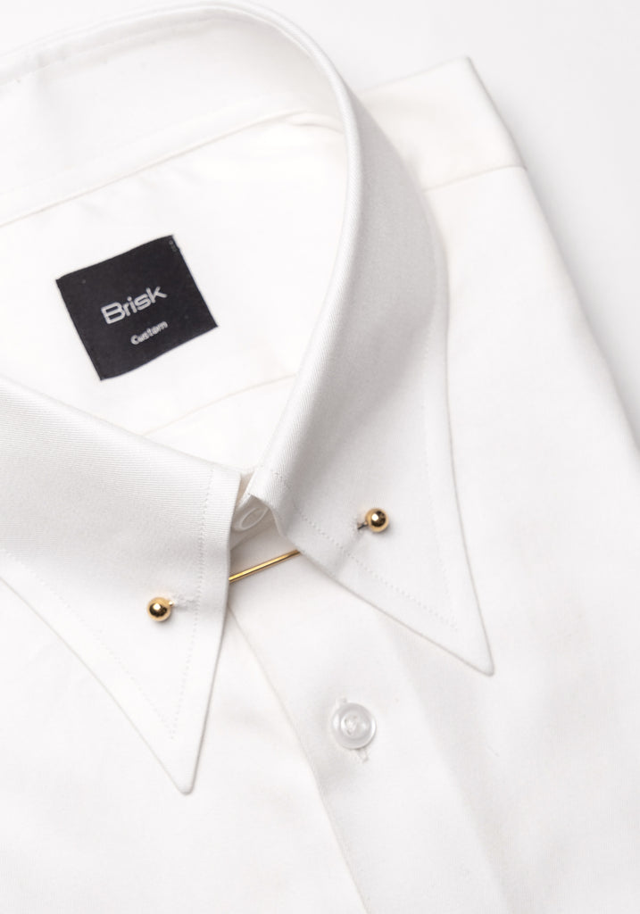 Pearl White Twill Pima Cotton Shirt - High Classic Golden Pin Collar