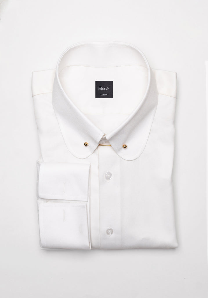 Pearl White Twill Pima Cotton Shirt - Club Collar With Golden Pin Collar