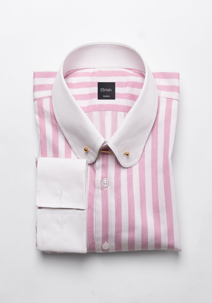 Pink Bold Twill Stripes Pima Cotton Shirt - White Club Golden Pin Collar & French Cuffs