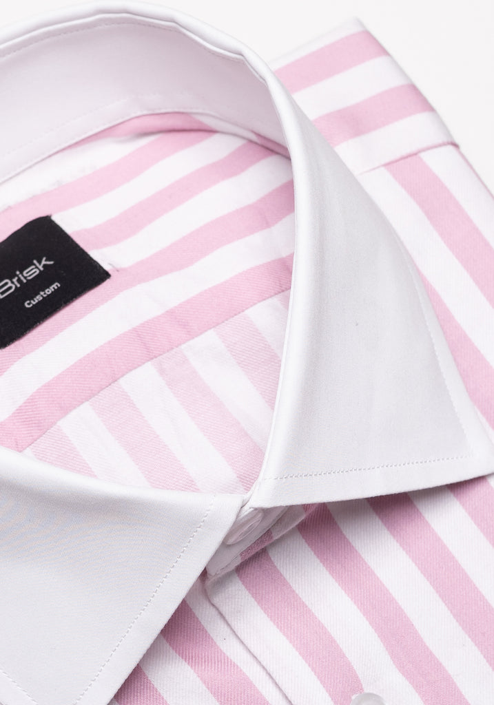 Pink Twill Bold Stripes Pima Cotton Shirt - White High Cutaway Classic Collar