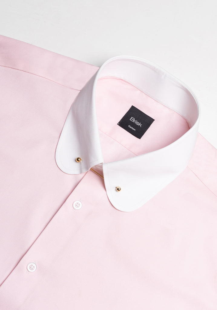 Pink Twill Pima Cotton Shirt - White Club Collar With Golden Pin 