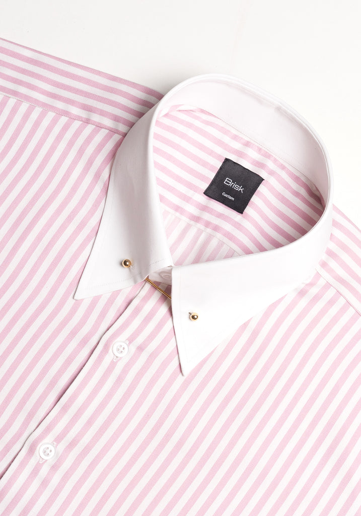 Pink Bengal Twill Stripes Pima Cotton Shirt --- White Classic Golden Pin Collar & French Cuff