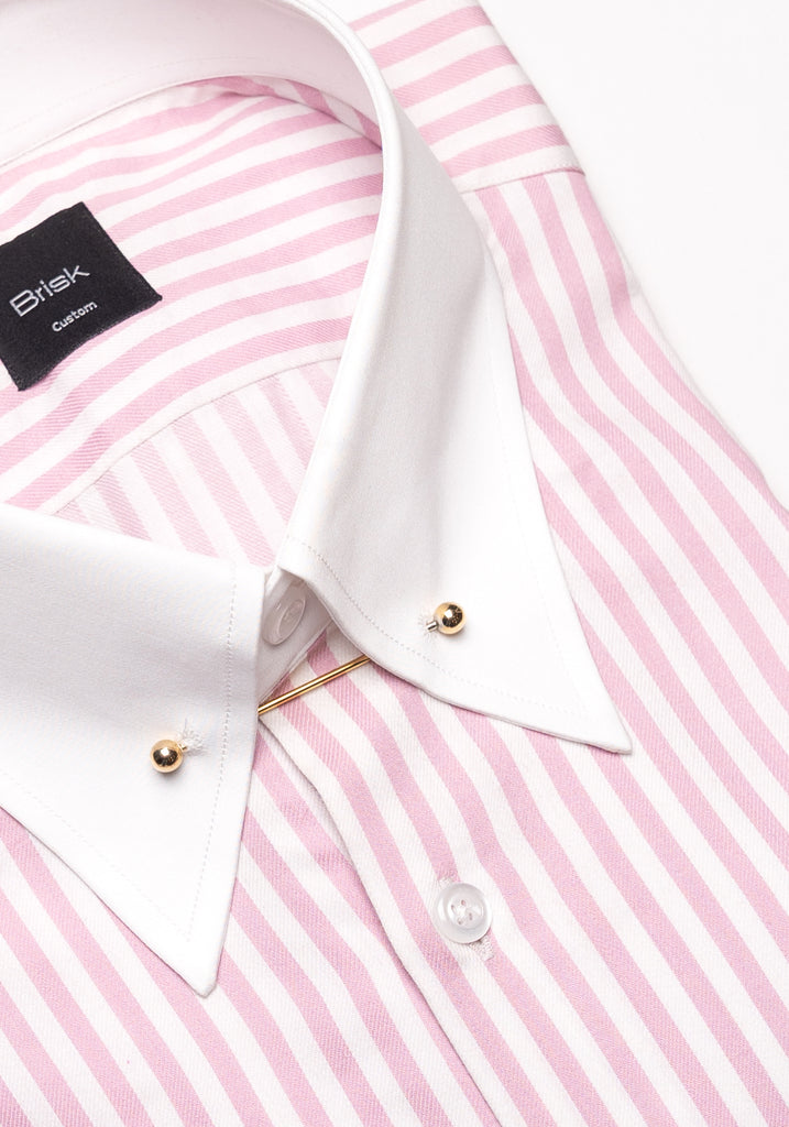Pink Bengal Twill Stripes Pima Cotton Shirt -- White Classic Golden Pin Collar & French Cuff