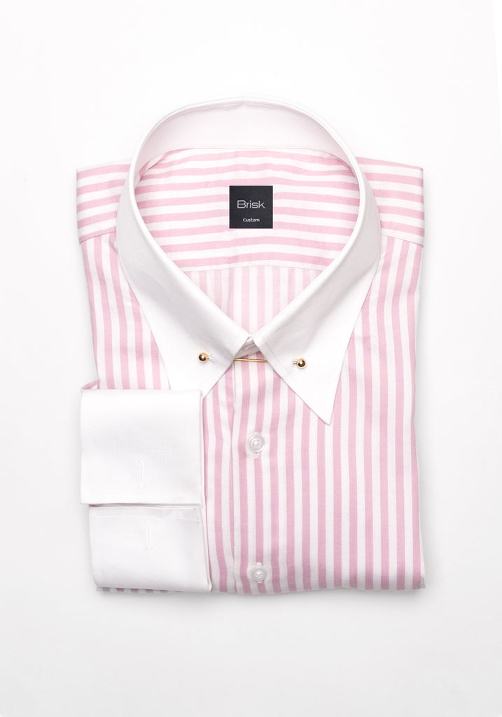 Pink Bengal Twill Stripes Pima Cotton Shirt - White Classic Golden Pin Collar & French Cuff