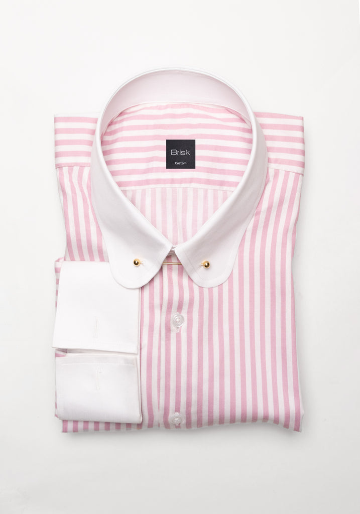 Pink Bengal Twill Stripes Pima Cotton Shirt - White Club Golden Pin Collar & French Cuffs