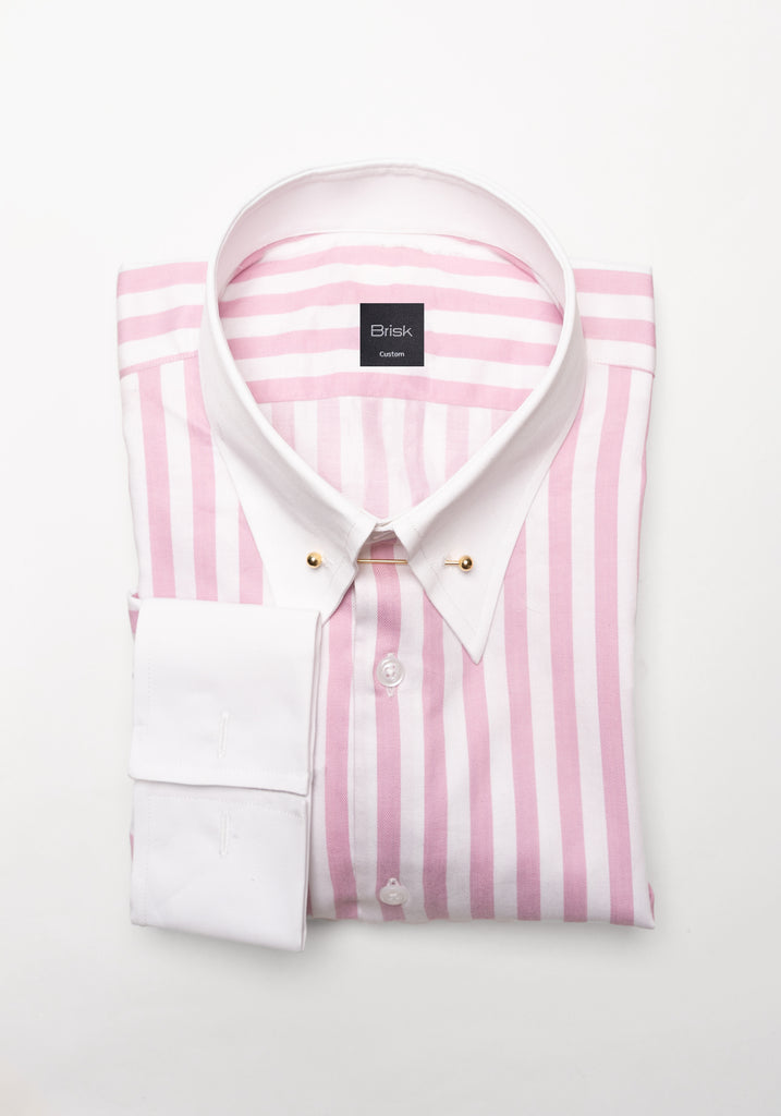 Pink Bold Twill Stripes Pima Cotton Shirt - White Classic Golden Pin Collar & French Cuffs