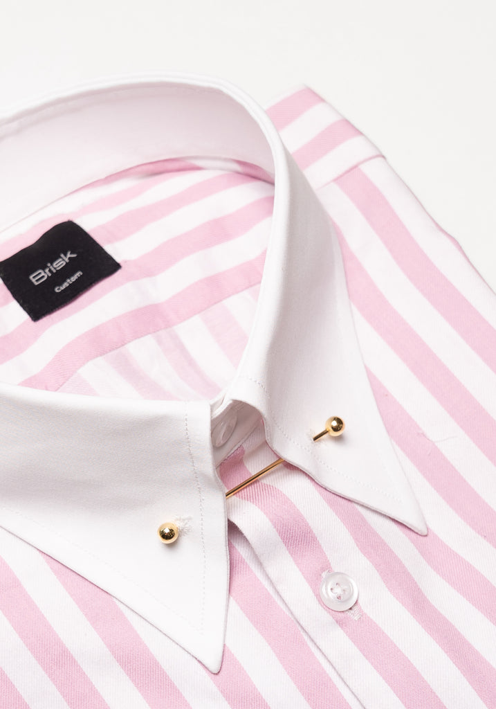 Pink Bold Twill Stripes Pima Cotton Shirt - White Classic Golden Pin Collar & French Cuffs
