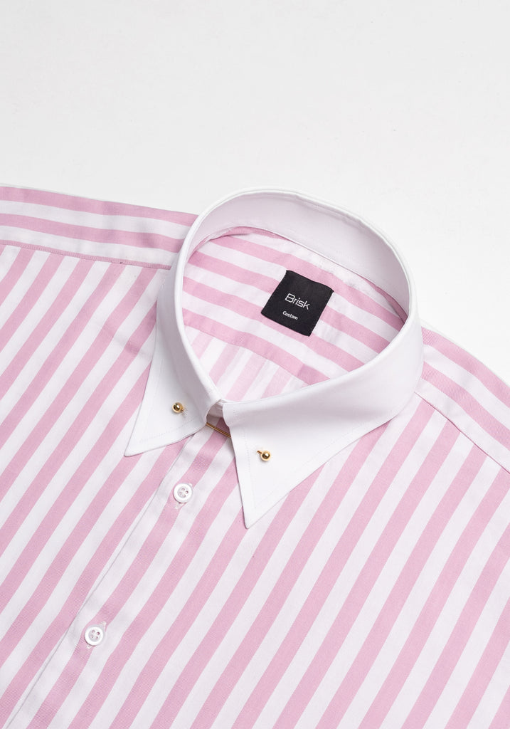 Pink Bold Twill Stripes Pima Cotton Shirt - White Classic Golden Pin Collar & French Cuffs