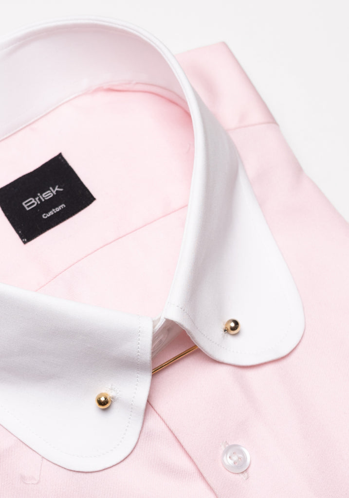 Pink Twill Pima Cotton Shirt - White Club Collar With Golden Pin 
