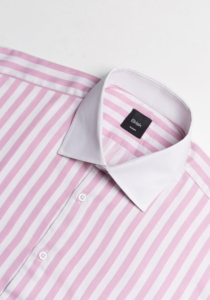 Pink Twill Bold Stripes Pima Cotton Shirt - White High Cutaway Classic Collar