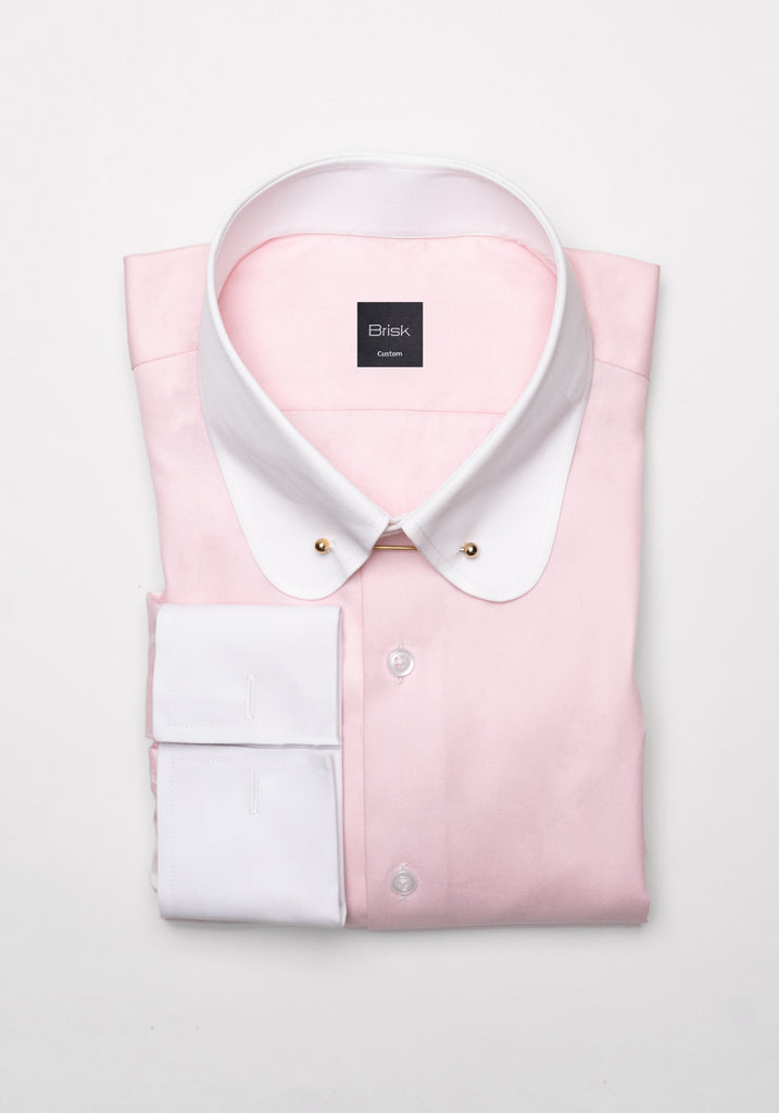 Pink Twill Pima Cotton Shirt - White Club Collar With Golden Pin 