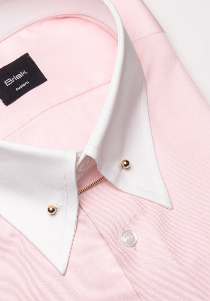 Pink Twill Pima Cotton Shirt - White Low Classic Golden Pin Collar