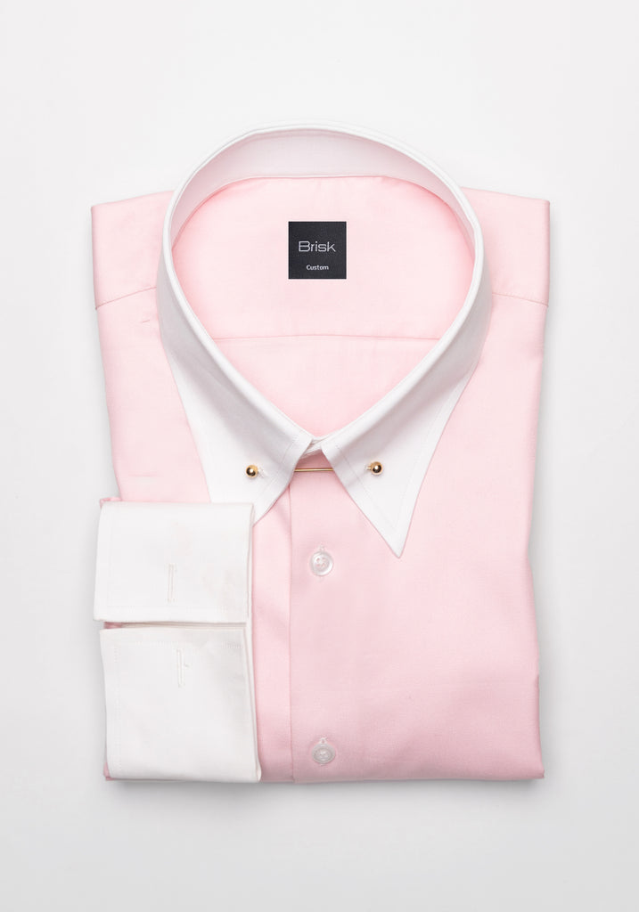 Pink Twill Pima Cotton Shirt - White Low Classic Golden Pin Collar