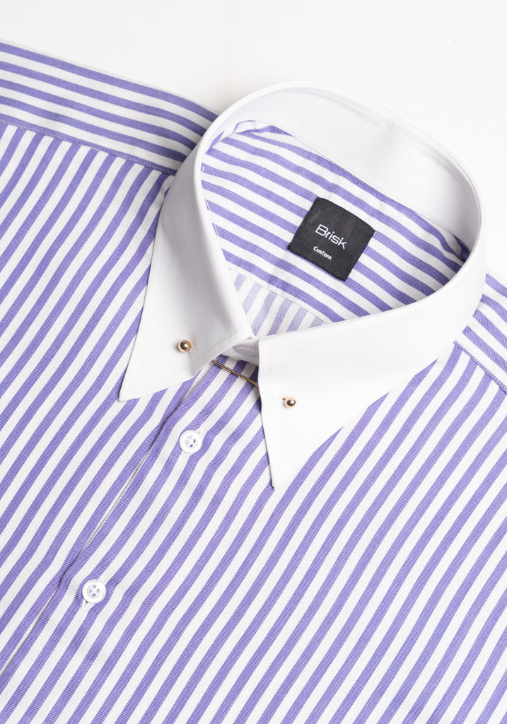 Purple Bengal Twill Stripes Pima Cotton Shirt - White Classic Golden Pin Collar & French Cuffs--