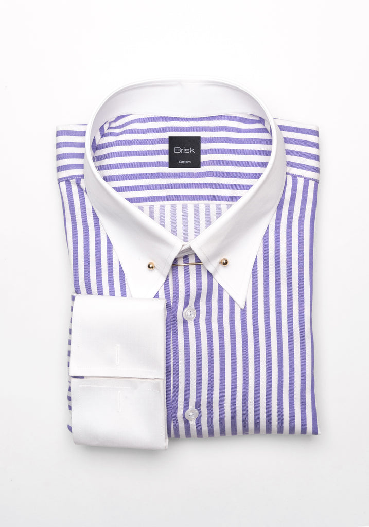 Purple Bengal Twill Stripes Pima Cotton Shirt - White Classic Golden Pin Collar & French Cuffs