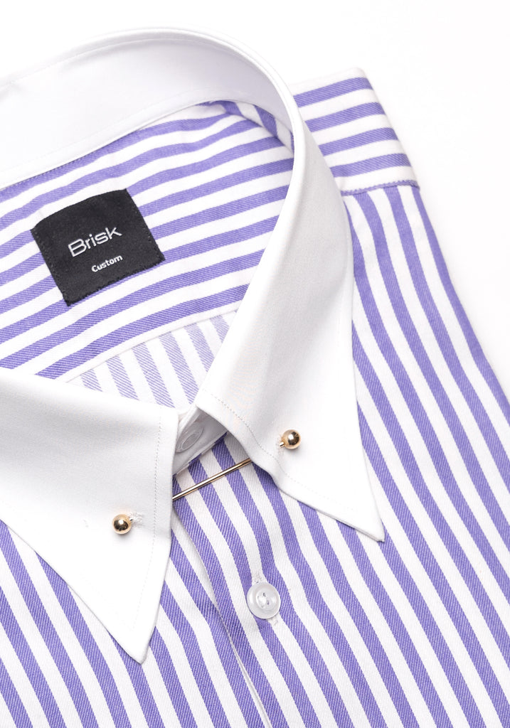 Purple Bengal Twill Stripes Pima Cotton Shirt - White Classic Golden Pin Collar & French Cuffss