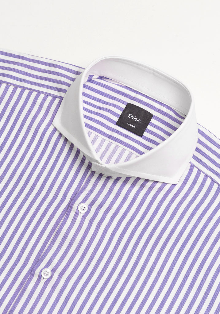 Purple Bengal Twill Stripes Pima Cotton Shirt - White Cutaway Extreme Collar