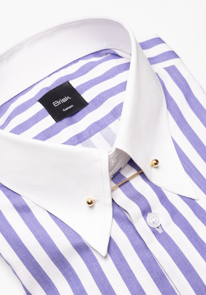 Purple Bold Twill Stripes Pima Cotton Shirt - White Classic Golden Pin Collar & French Cuffs