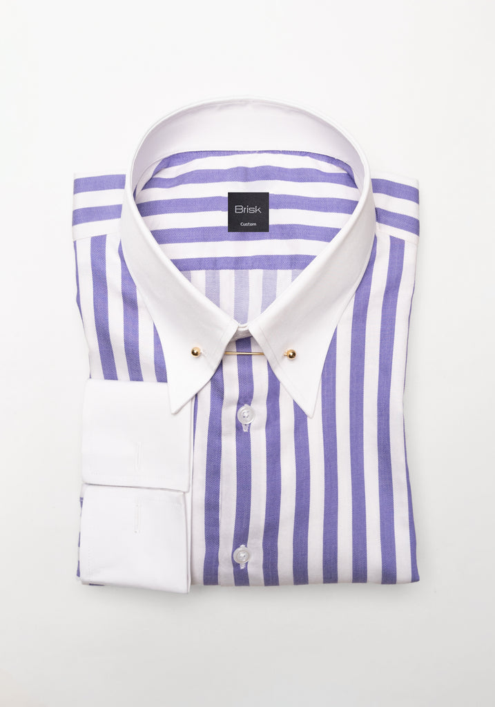 Purple Bold Twill Stripes Pima Cotton Shirt - White Classic Golden Pin Collar & French Cuffs