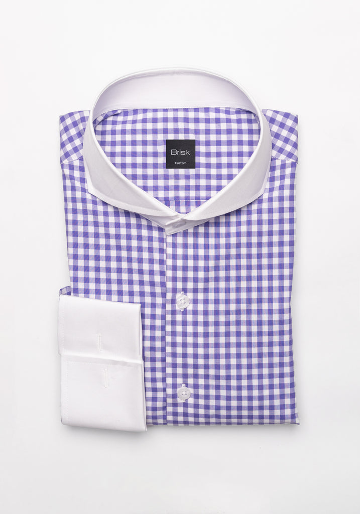 Purple Gingham Crisp Pima Cotton Shirt - White Cutaway Extreme Collar