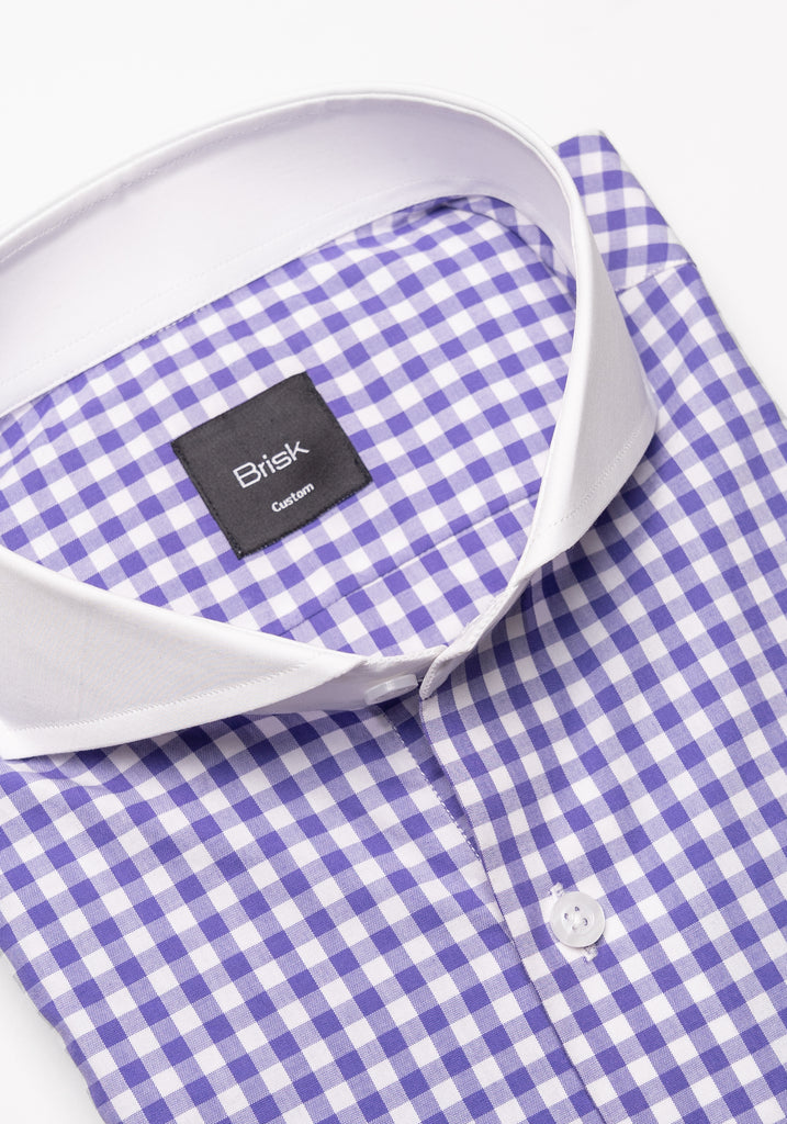 Purple Gingham Crisp Pima Cotton Shirt - White Cutaway Extreme Collar