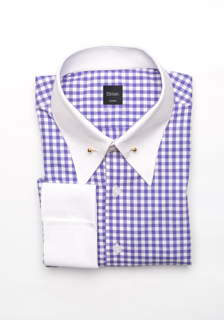 Purple Gingham Crisp Pima Cotton Shirt - White Cassic Golden Pin Collar & French Cuffs