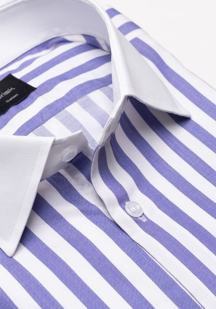 Purple Twill Bold Stripes Pima Cotton Shirt - White High Cutaway Classic Collar