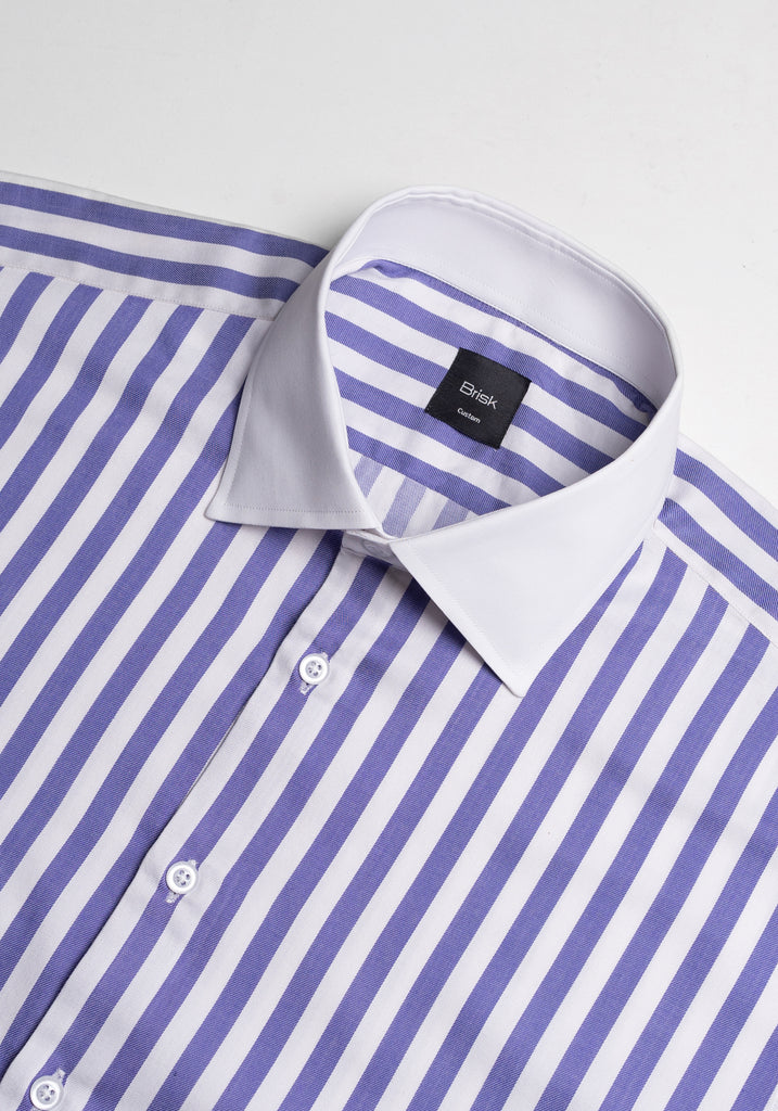 Purple Twill Bold Stripes Pima Cotton Shirt - White High Cutaway Classic Collar
