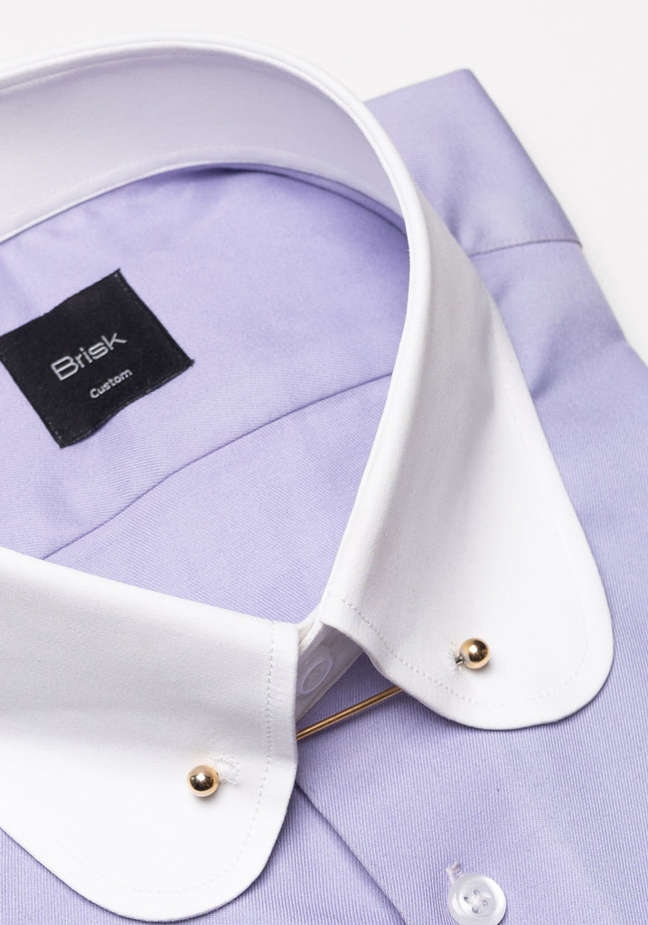 Purple Twill Pima Cotton Shirt - White Club Collar With Golden Pin Collar