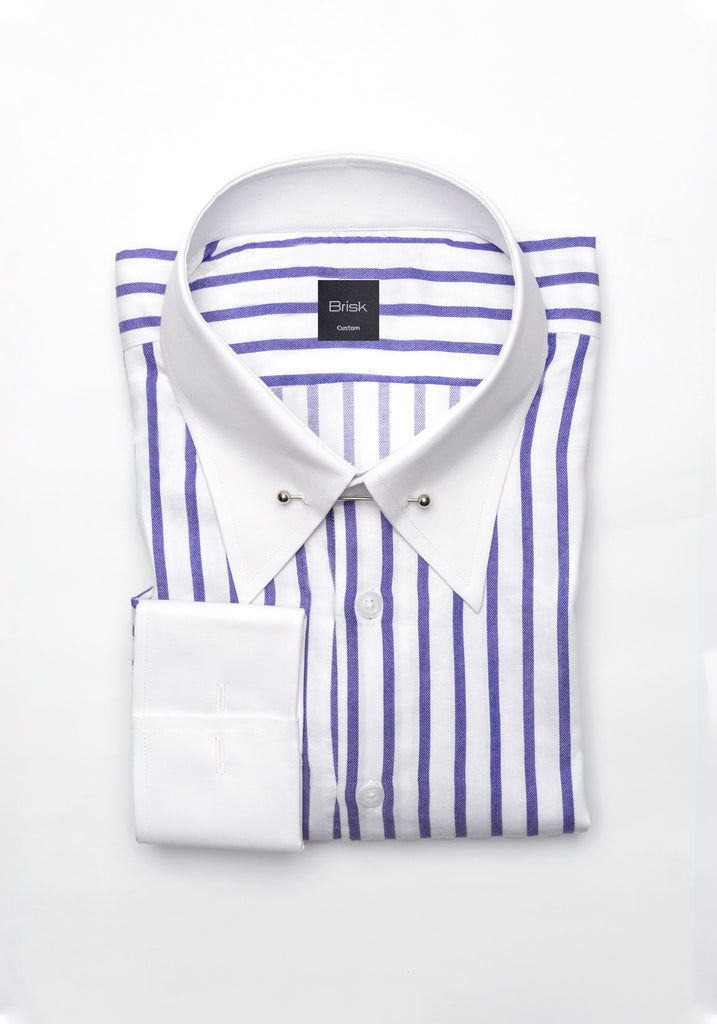Purple Wide Stripes Soft Textured Pima Cotton Shirt - White Classic Silver Pin Collar