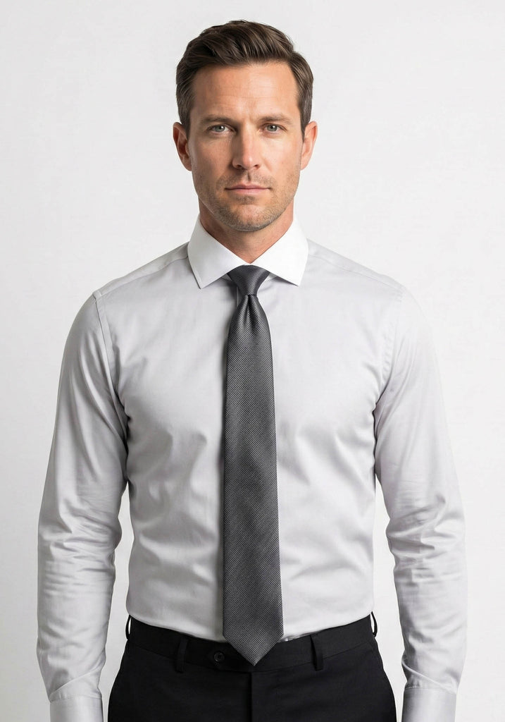 Man wearing a light gray dress shirt with a dark gray tie against a white background