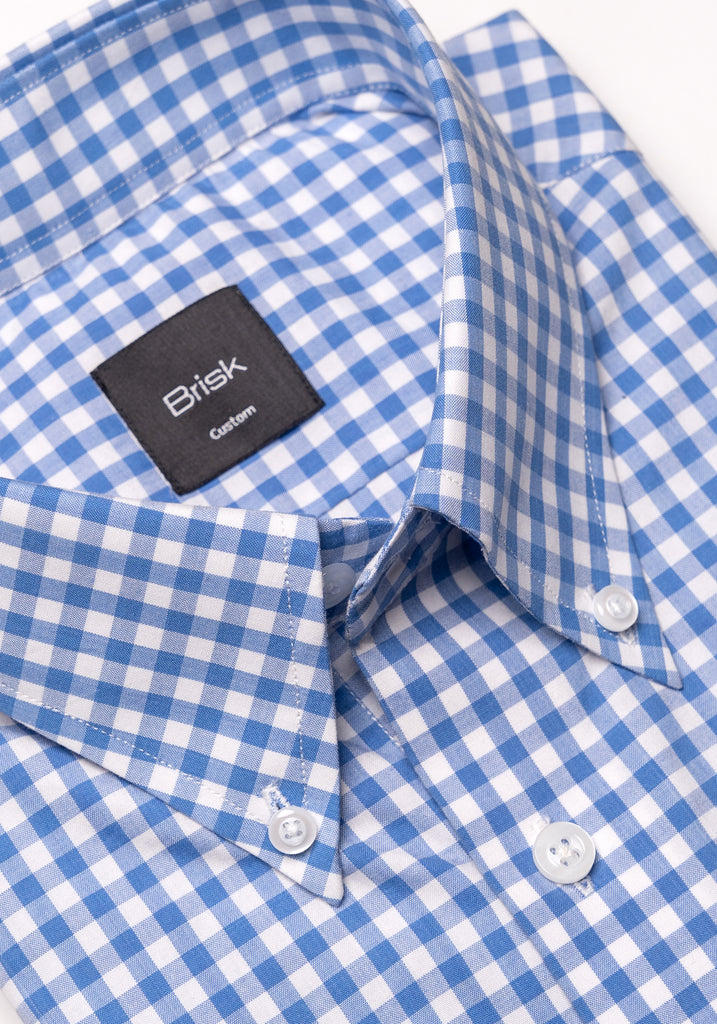 Sky Blue Gingham Crisp Pima Cotton Shirt - Button Down Collar