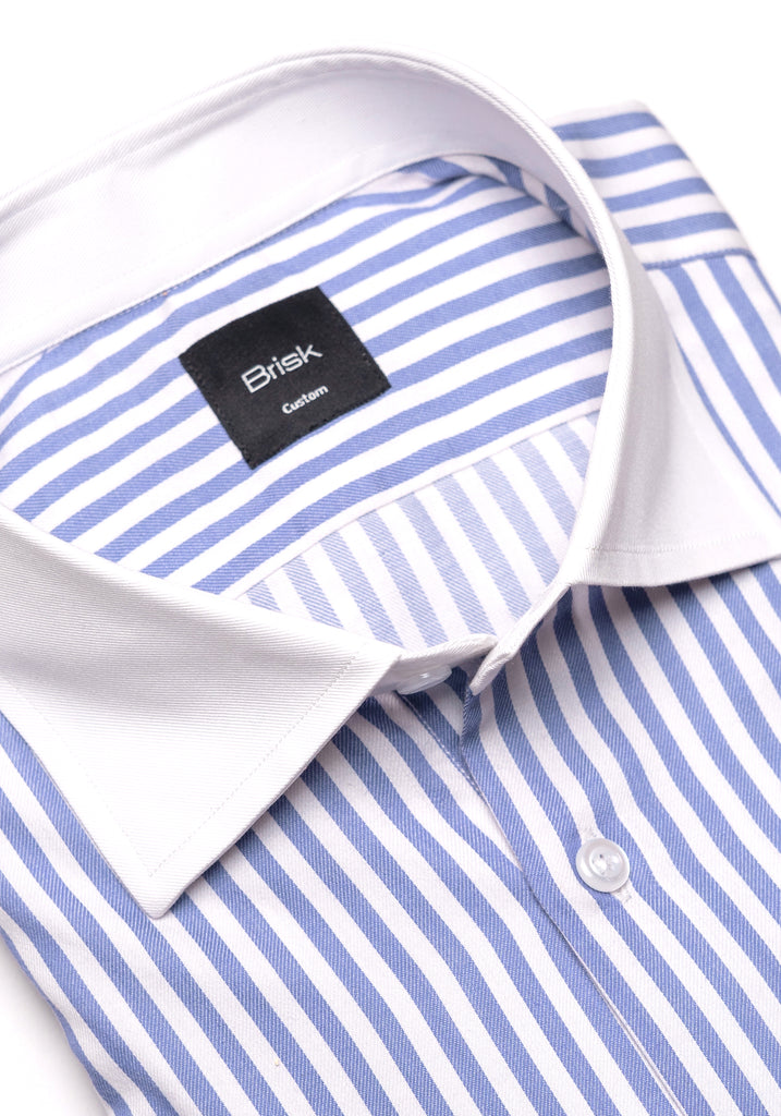 Sky Blue Bengal Twill Stripes Pima Cotton Shirt - White Cutaway Classic Collar