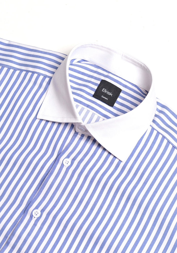 Sky Blue Bengal Twill Stripes Pima Cotton Shirt - White Cutaway Classic Collar
