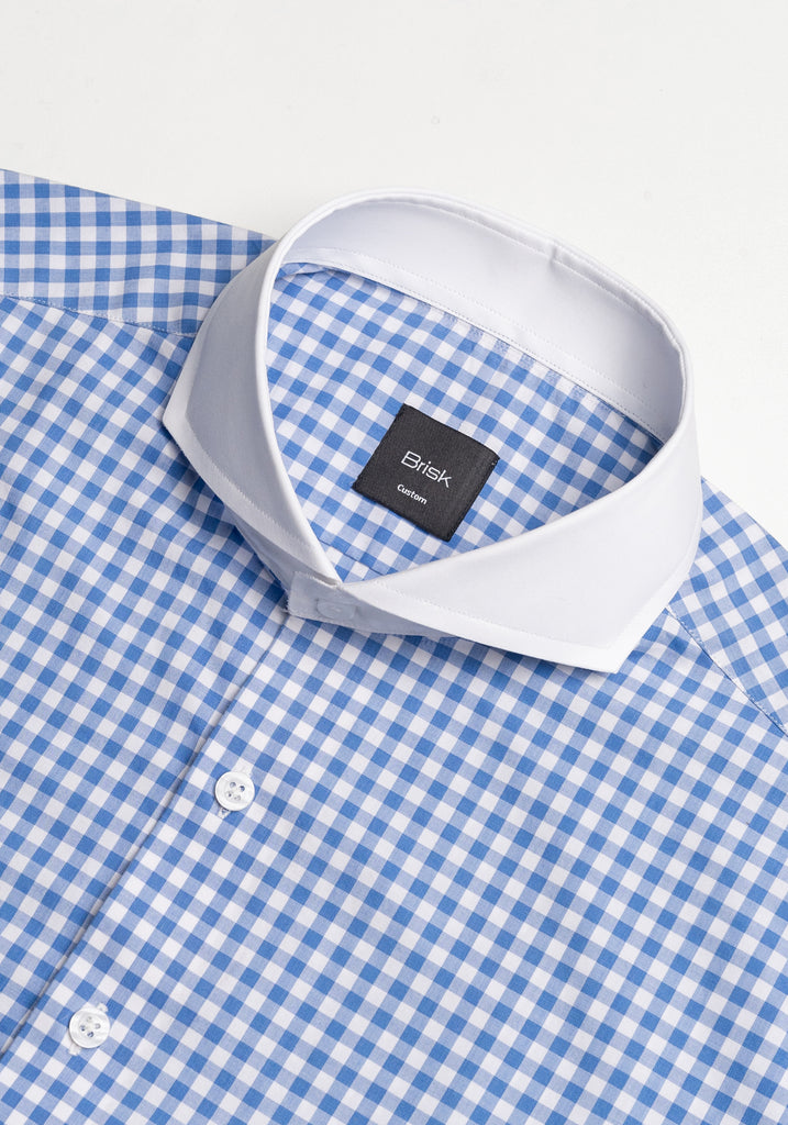 Sky Blue Gingham Crisp Pima Cotton Shirt - White Cutaway Extreme Collar