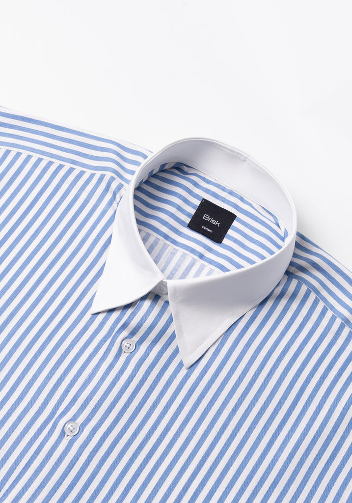 Sky Blue Bengal Twill Stripes Pima Cotton Shirt - White Classic Straight Collar & French Cuffs