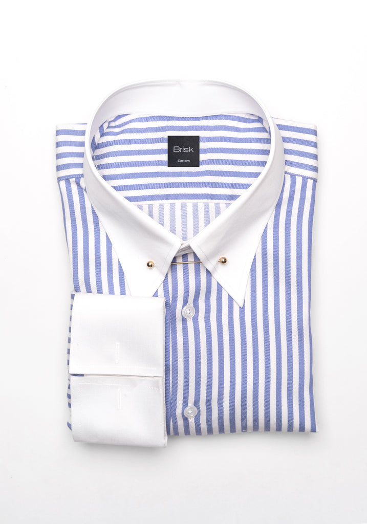 Sky Blue Bengal Twill Stripes Pima Cotton Shirt - White Classic Golden Pin Collar & French Cuff